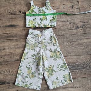 LSA White Floral Crop Top & Wide-Leg Shorts - Yellow, Green
